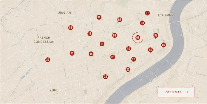 A pale map of central Shanghai marked only with Planets places