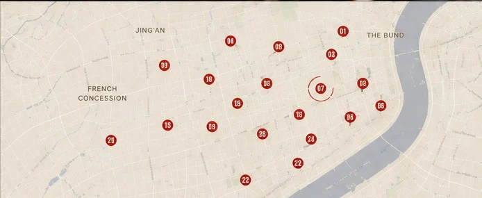 A pale map of central Shanghai marked only with Planets places