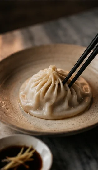 A single xiaolongbao lifted from the basket with chopsticks