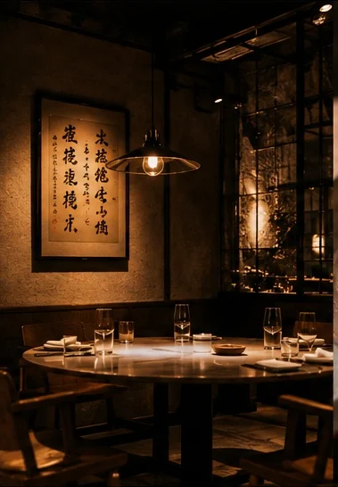A quiet dining room with a round table set for dinner under one hanging lamp